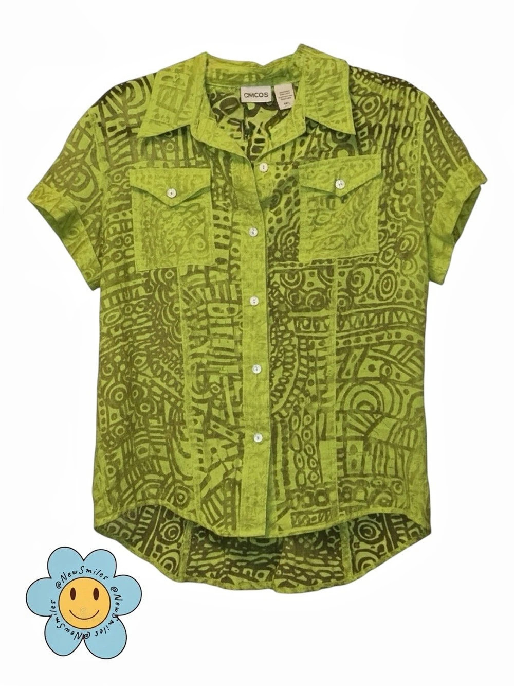 Chico's ~Sheer Shirt~Button Down~Chartreuse ~ Abstract Tribal-Like Design~NWOT
